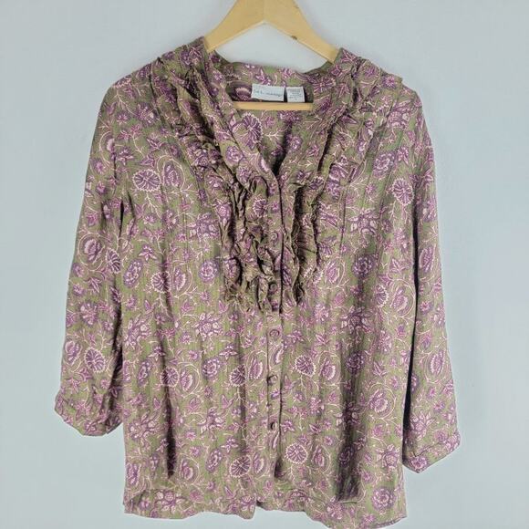 Soft Surroundings Floral Ruffle Button Up Blouse Long Sleeve Size L - Picture 1 of 5